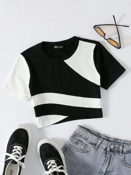 SHEIN Franclia Tops con gráficos de mujer con cuello redondo de dos tonos