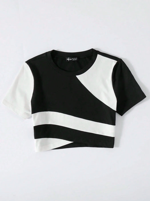 SHEIN Franclia Tops con gráficos de mujer con cuello redondo de dos tonos