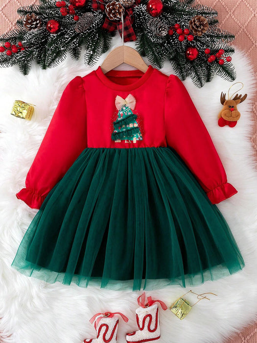 SHEIN Vestido largo de manga larga, estampado de árbol de Navidad para niña