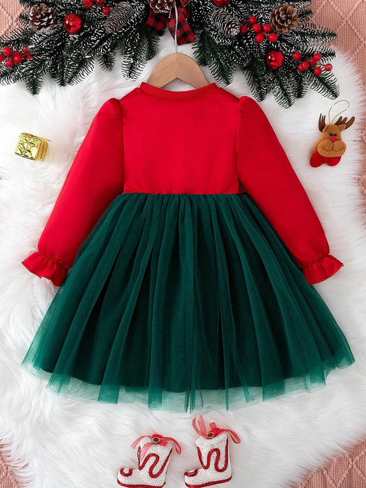 SHEIN Vestido largo de manga larga, estampado de árbol de Navidad para niña