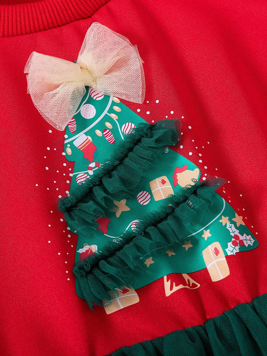 SHEIN Vestido largo de manga larga, estampado de árbol de Navidad para niña