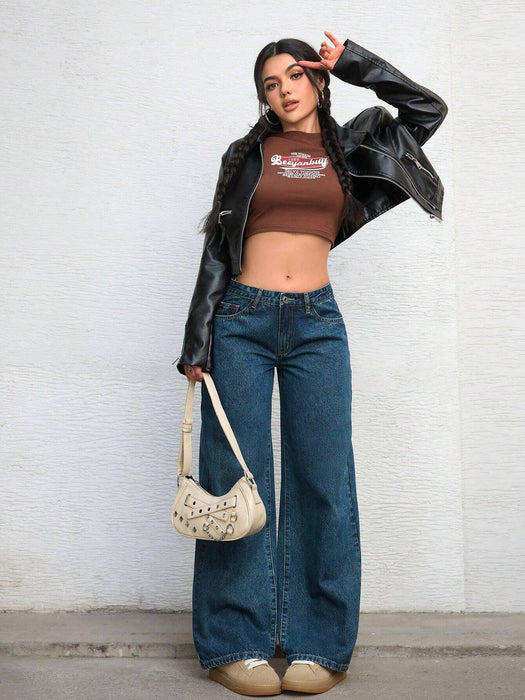 SHEIN ICON Jeans de color liso, estilo casual y versátil de pierna ancha con bolsillos