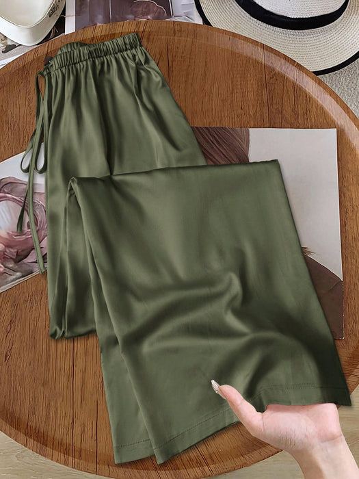 SHEIN Pantalones casuales de satén brillante de talle bajo y pierna ancha para mujer