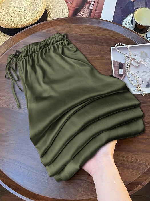 SHEIN Pantalones casuales de satén brillante de talle bajo y pierna ancha para mujer