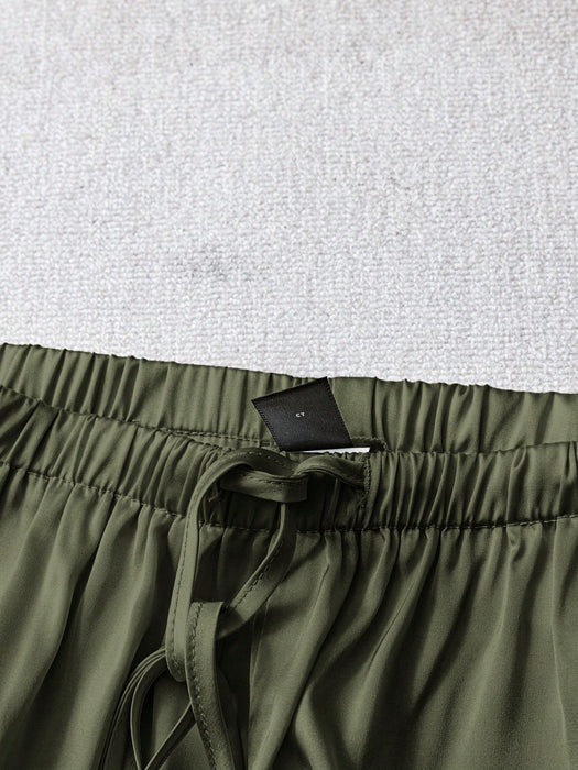 SHEIN Pantalones casuales de satén brillante de talle bajo y pierna ancha para mujer