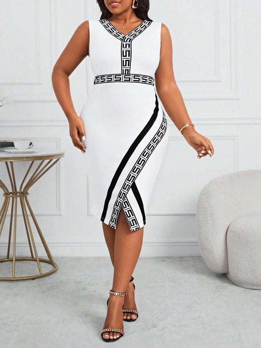 SHEIN Lady Plus Size Vestido con estampado en blanco y negro, escote en V