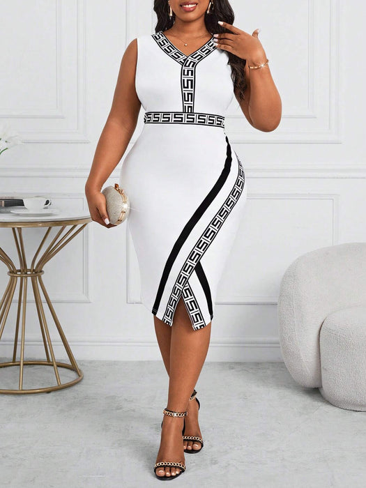SHEIN Lady Plus Size Vestido con estampado en blanco y negro, escote en V