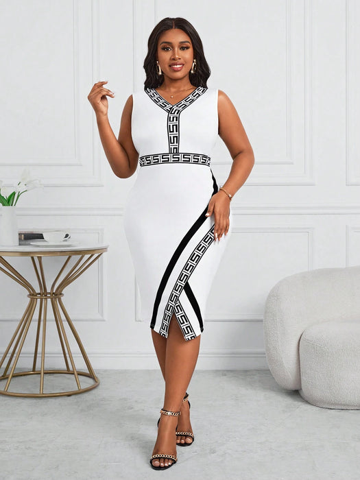 SHEIN Lady Plus Size Vestido con estampado en blanco y negro, escote en V