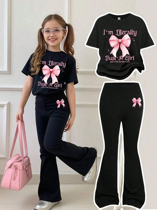 SHEIN Leap Crew Conjunto de 2 piezas para preadolescentes: camiseta y pantalones largos acampanados