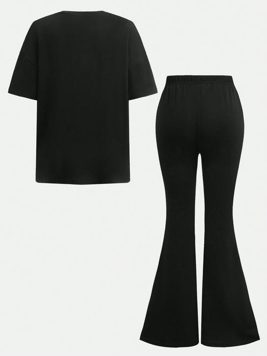SHEIN Leap Crew Conjunto de 2 piezas para preadolescentes: camiseta y pantalones largos acampanados