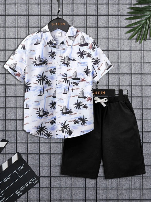 SHEIN Leap Crew Camisa Para Niños Con Estampado Tropical Y Pantalón Corto