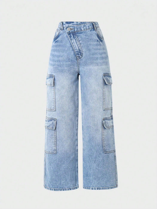 SHEIN Jeans holgados de pierna recta desgastados estilo cargo casual con cintura asimétrica y múltiples bolsillos