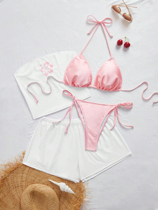 SHEIN MOD Conjunto de traje de baño rosa de 4pcs que incluye top bandeau y shorts