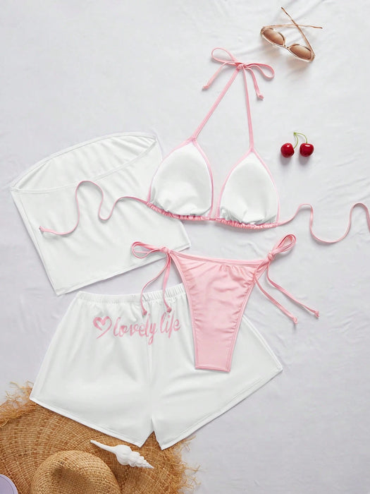 SHEIN MOD Conjunto de traje de baño rosa de 4pcs que incluye top bandeau y shorts