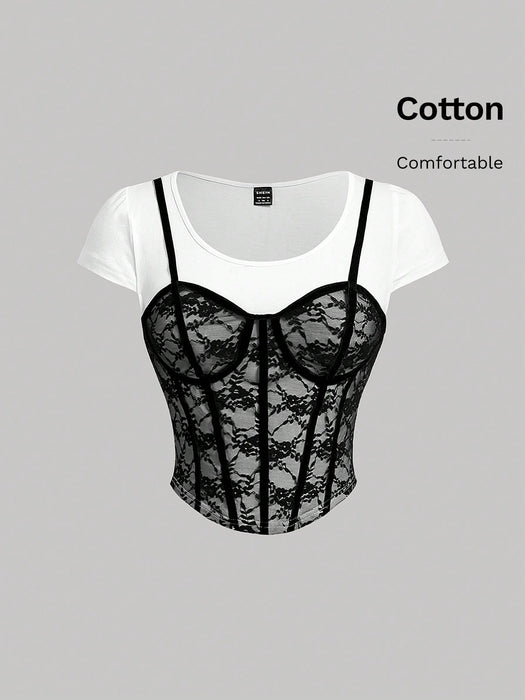 SHEIN MOD Camiseta de mujer de encaje negro y blanco con pescado espina rayado