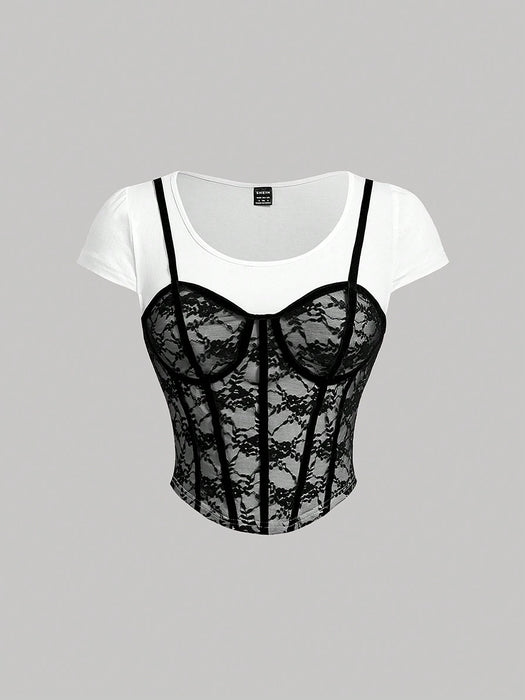 SHEIN MOD Camiseta de mujer de encaje negro y blanco con pescado espina rayado