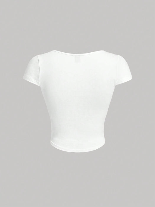 SHEIN MOD Camiseta de mujer de encaje negro y blanco con pescado espina rayado
