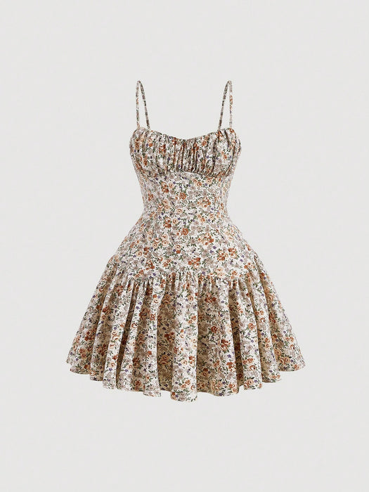 SHEIN MOD Vestido de tirantes con estampado floral pecho con fruncido bajo