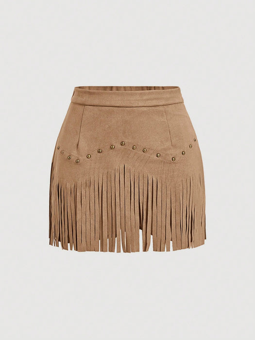 SHEIN MOD Falda A-Line marrón con remaches y flecos,