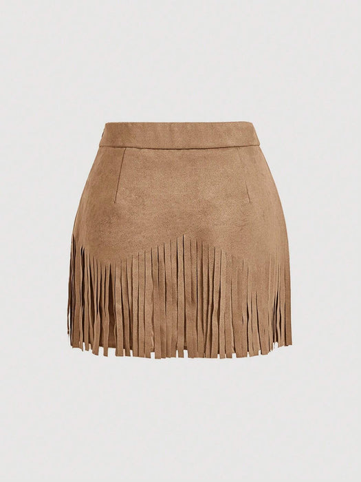 SHEIN MOD Falda A-Line marrón con remaches y flecos,