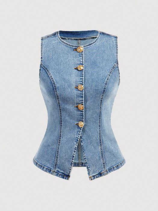 SHEIN MOD Camisa vaquera sin mangas con botones delanteros y lavado informal