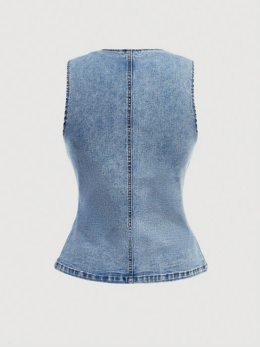 SHEIN MOD Camisa vaquera sin mangas con botones delanteros y lavado informal