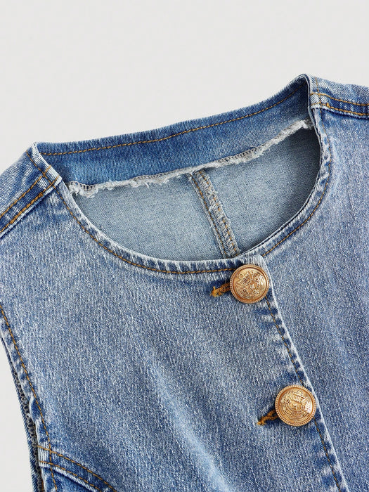 SHEIN MOD Camisa vaquera sin mangas con botones delanteros y lavado informal