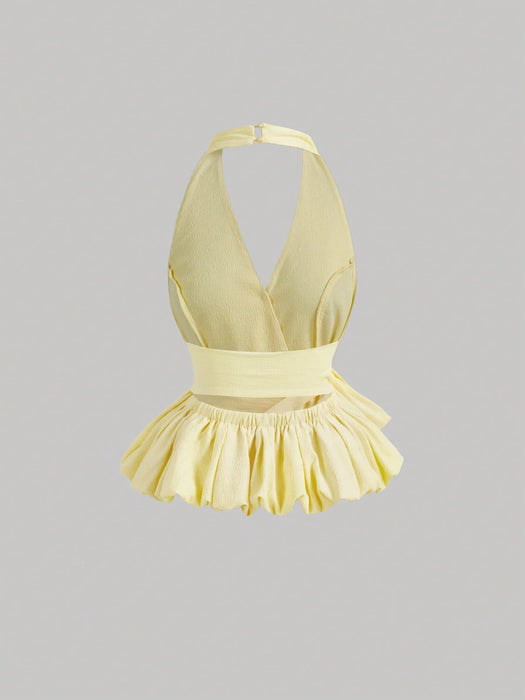 SHEIN Top de mujer color amarillo pálido con cuello halter y bajo abullonado