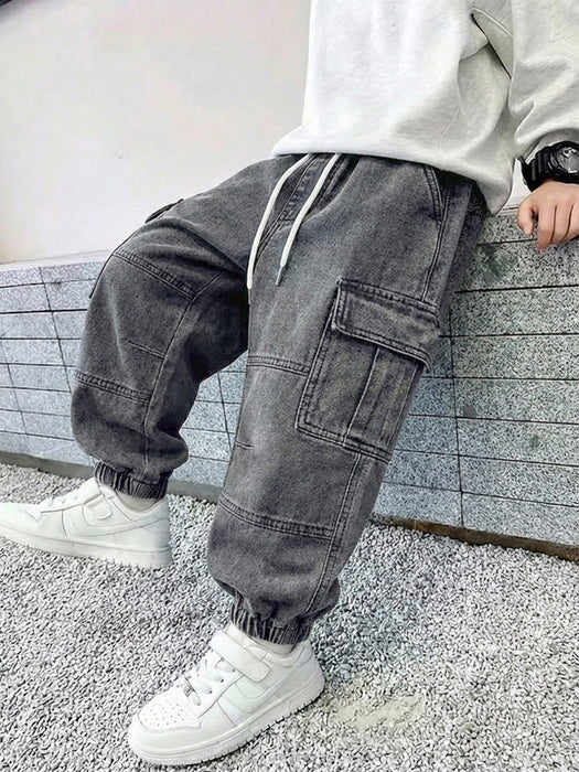 SHEIN Mirajuku Pantalones cargo de mezclilla con cintura elástica y cordón