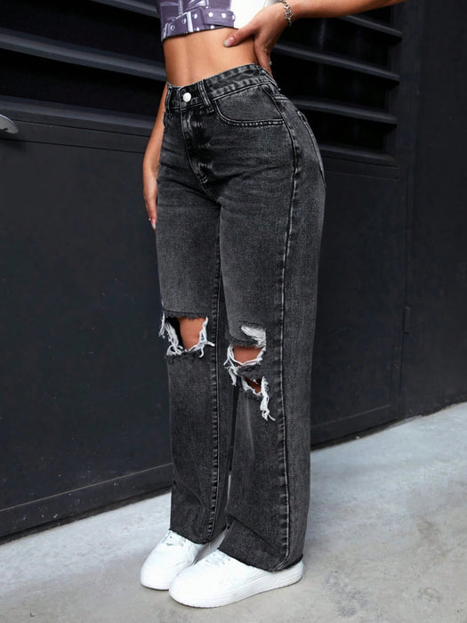 SHEIN PETITE Jeans Rectos Lavado Con Agujeros