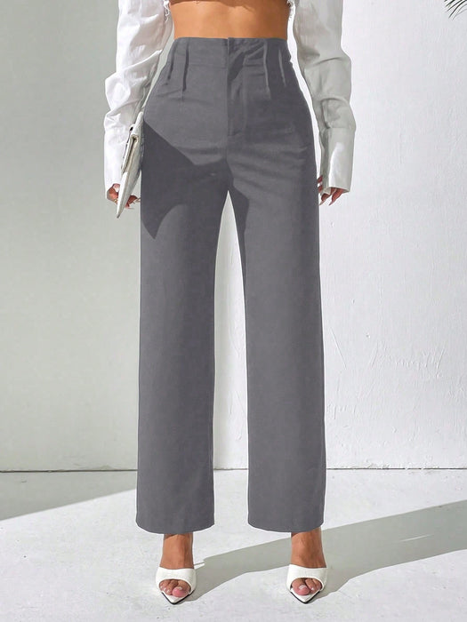 SHEIN PETITE Pantalón casual de oficina de cintura alta con pliegues rectos para mujer