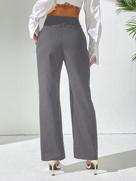 SHEIN PETITE Pantalón casual de oficina de cintura alta con pliegues rectos para mujer