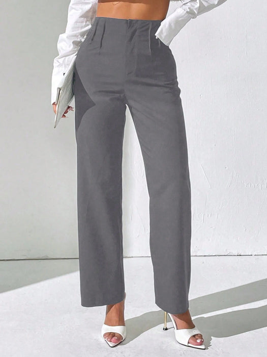 SHEIN PETITE Pantalón casual de oficina de cintura alta con pliegues rectos para mujer