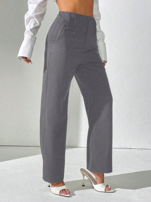 SHEIN PETITE Pantalón casual de oficina de cintura alta con pliegues rectos para mujer