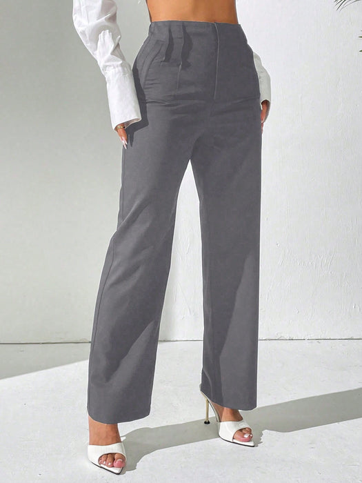 SHEIN PETITE Pantalón casual de oficina de cintura alta con pliegues rectos para mujer