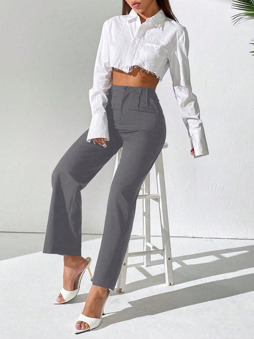 SHEIN PETITE Pantalón casual de oficina de cintura alta con pliegues rectos para mujer