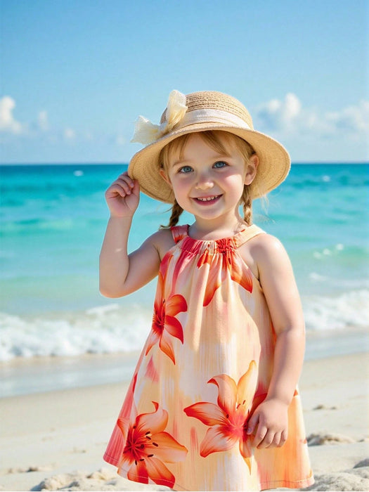 SHEIN Vestido camisero beige con cuello halter y estampado floral Playful Pals