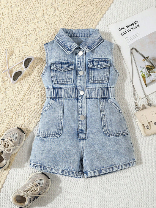 SHEIN Playful Pals Mono corto sin mangas de mezclilla con botones a presión para bebé niña