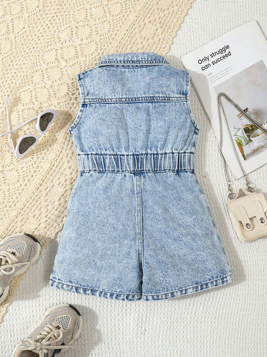 SHEIN Playful Pals Mono corto sin mangas de mezclilla con botones a presión para bebé niña