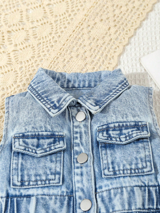 SHEIN Playful Pals Mono corto sin mangas de mezclilla con botones a presión para bebé niña
