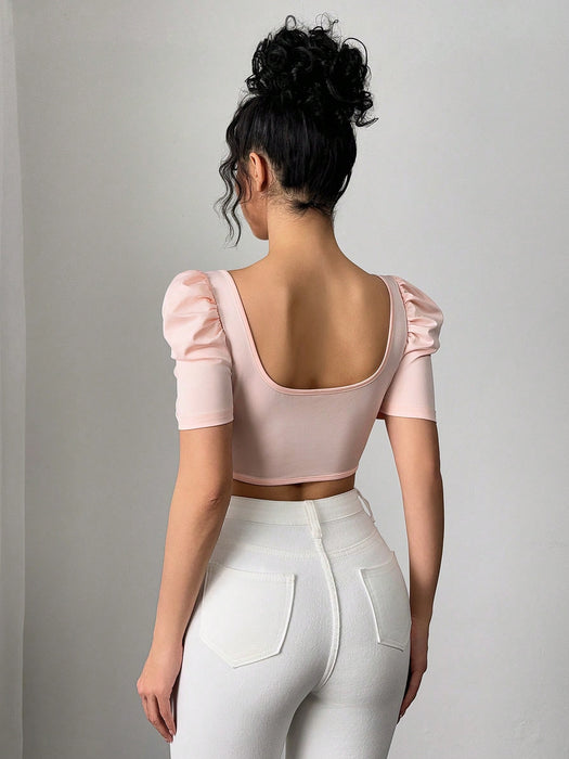 SHEIN Privé Top casual de ajuste ceñido con cuello cuadrado y mangas cortas para mujer