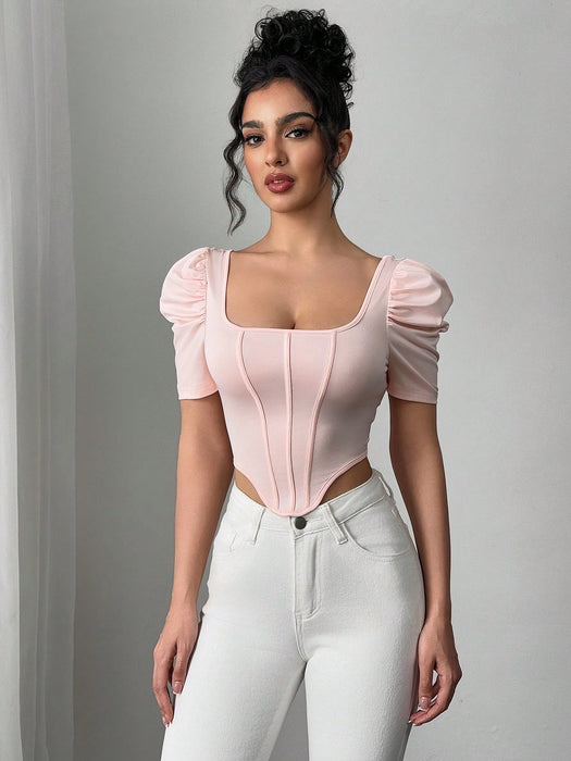 SHEIN Privé Top casual de ajuste ceñido con cuello cuadrado y mangas cortas para mujer