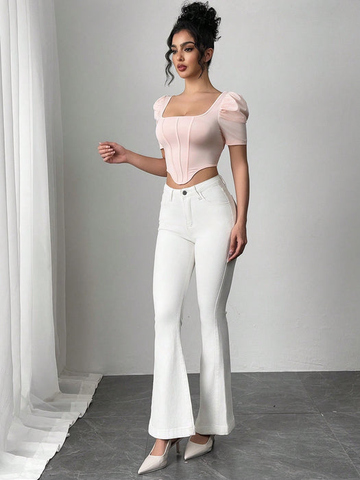 SHEIN Privé Top casual de ajuste ceñido con cuello cuadrado y mangas cortas para mujer