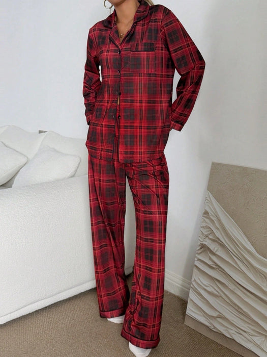 SHEIN Conjunto de pijama con top de manga larga y pantalón estampado a cuadros rojo