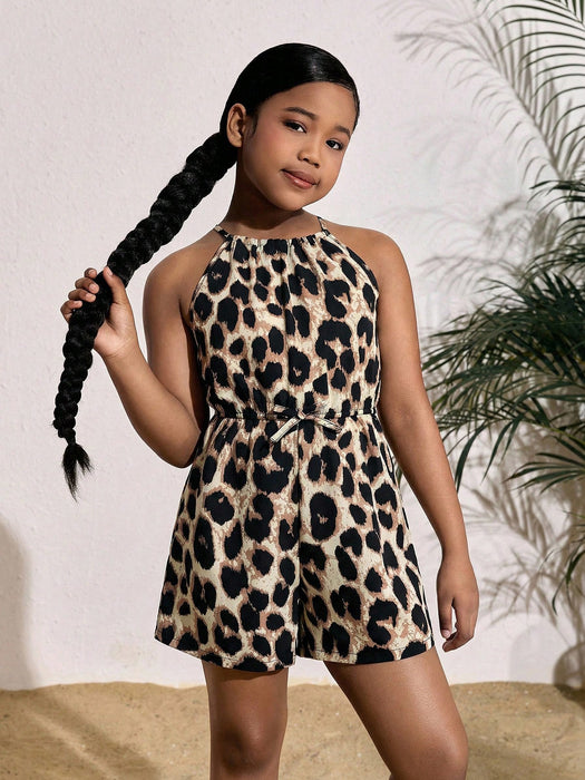 SHEIN SLAYR KIDS Mono corto sin mangas con cuello halter y estampado floral para niñas
