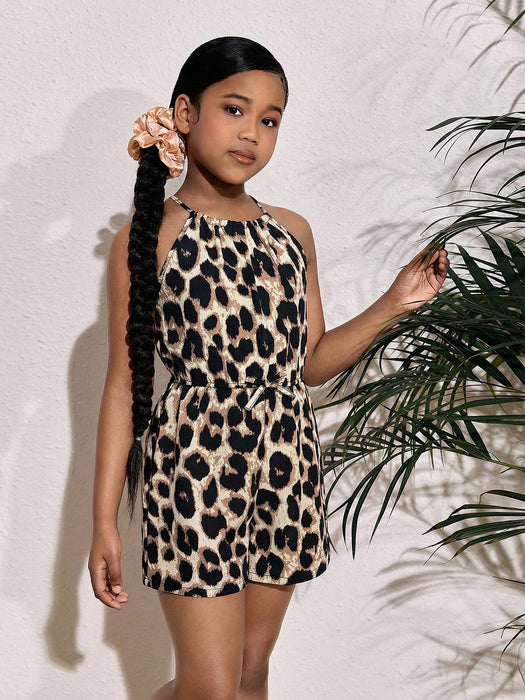 SHEIN SLAYR KIDS Mono corto sin mangas con cuello halter y estampado floral para niñas