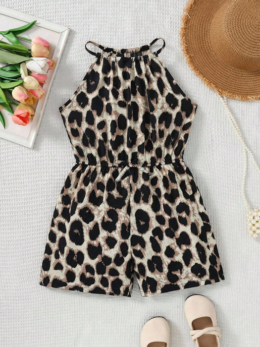 SHEIN SLAYR KIDS Mono corto sin mangas con cuello halter y estampado floral para niñas