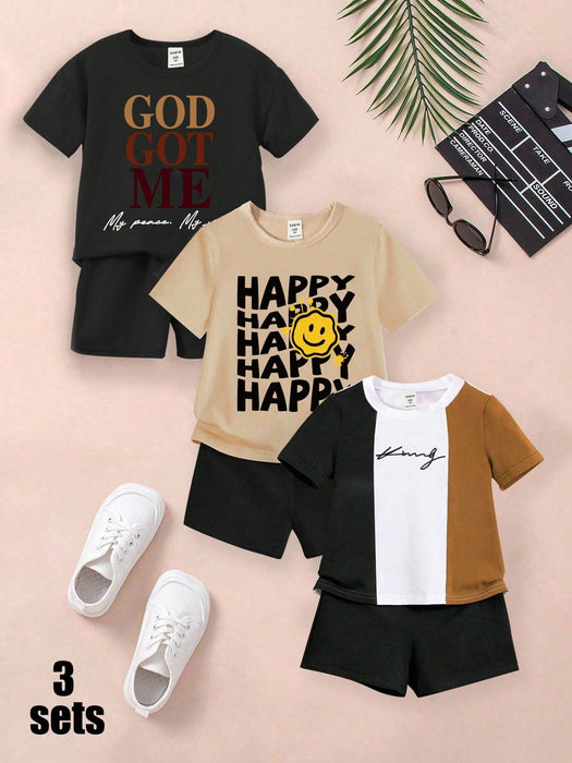 SHEIN Conjunto de 3pcs camiseta básica y pantalón corto con estampado para niños