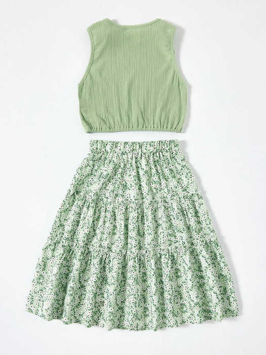 SHEIN Sparklyn Top con lazo y falda floral pequeña para preadolescentes