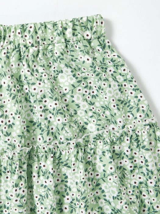 SHEIN Sparklyn Top con lazo y falda floral pequeña para preadolescentes